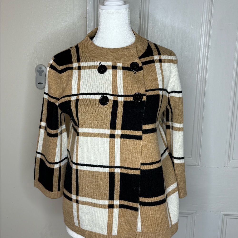 Mercer Street Studio Tan and Black Plaid Sweater with Buttons PETITE SMALL